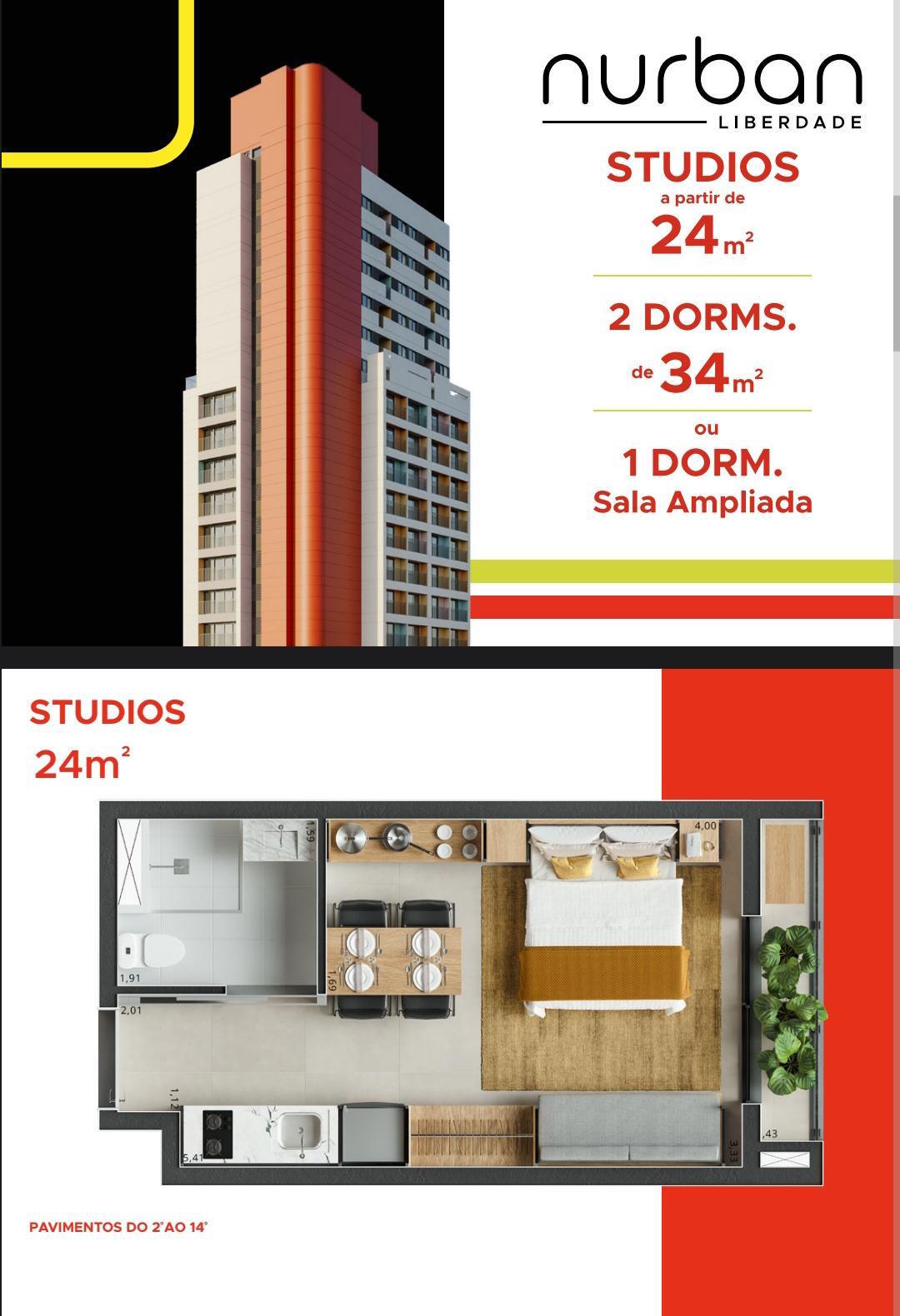 Plantas — Studios 24m² e 2 Dorms 34m²